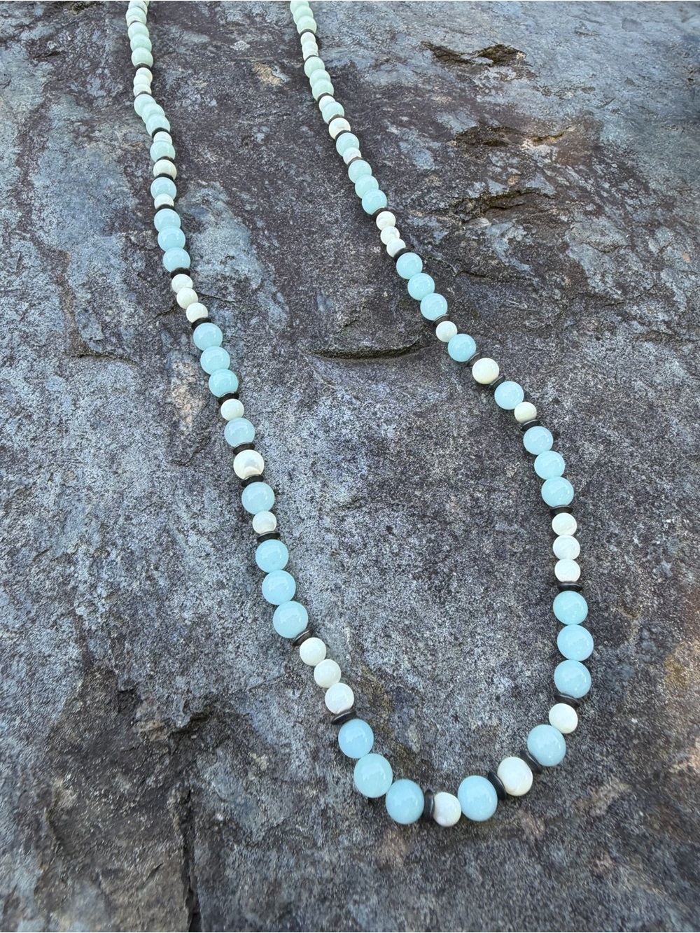 Vintage Aquamarine Mother Of Pearl Long  Beaded Necklace